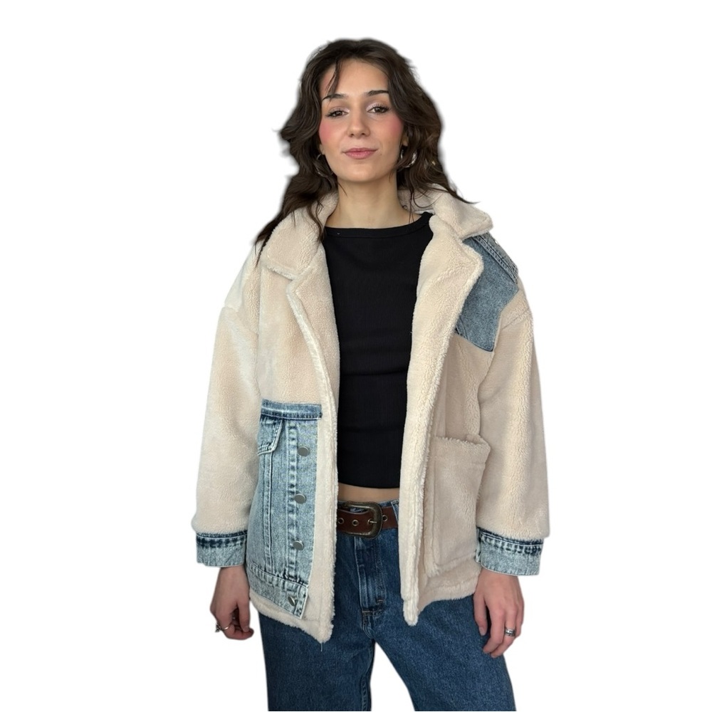 Teddy Fleece & Denim Contrast Patch Jacket-NWT - Picture 1 of 4
